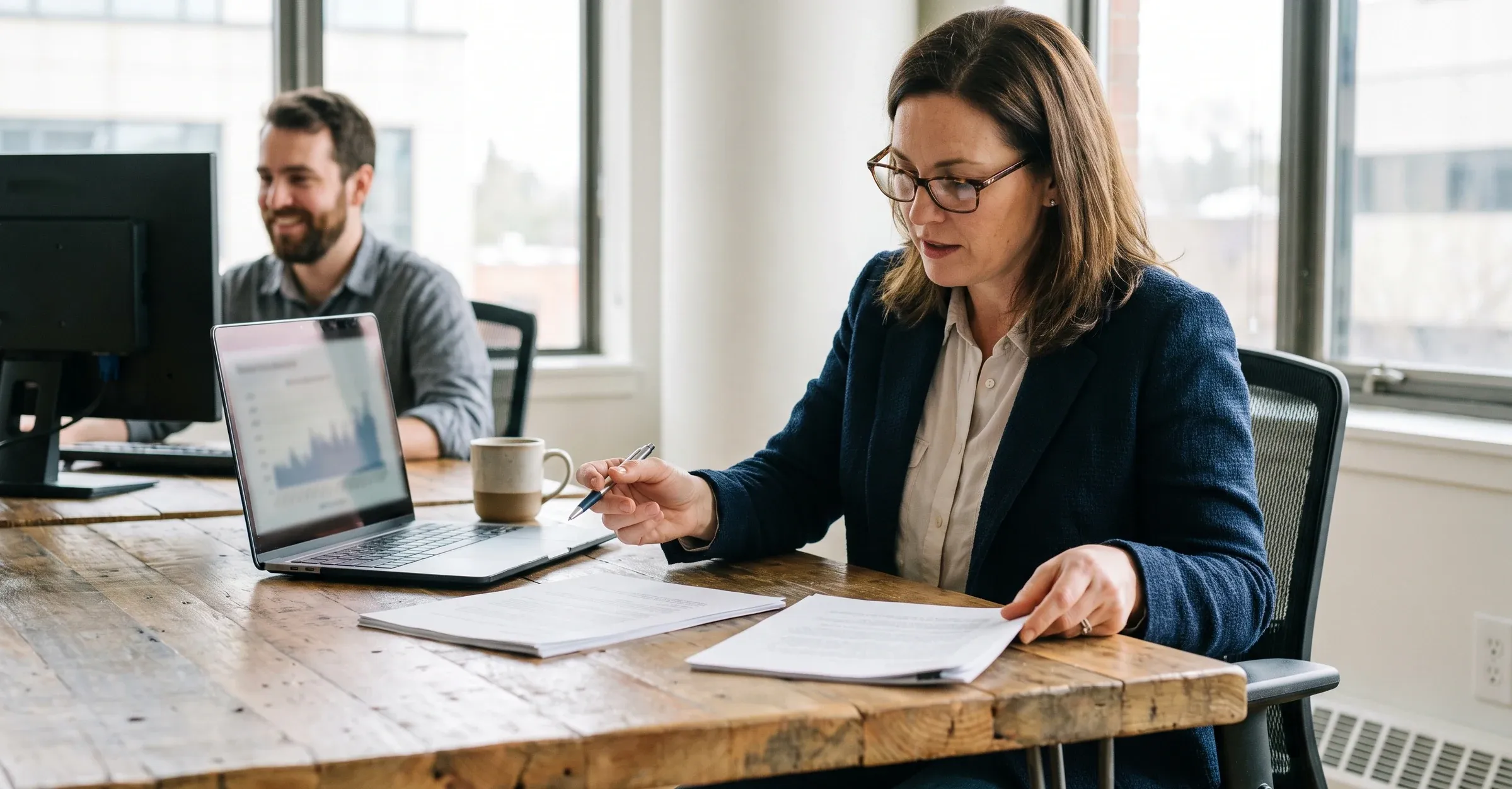 A finance manager comparing two printed fee schedules beside a laptop