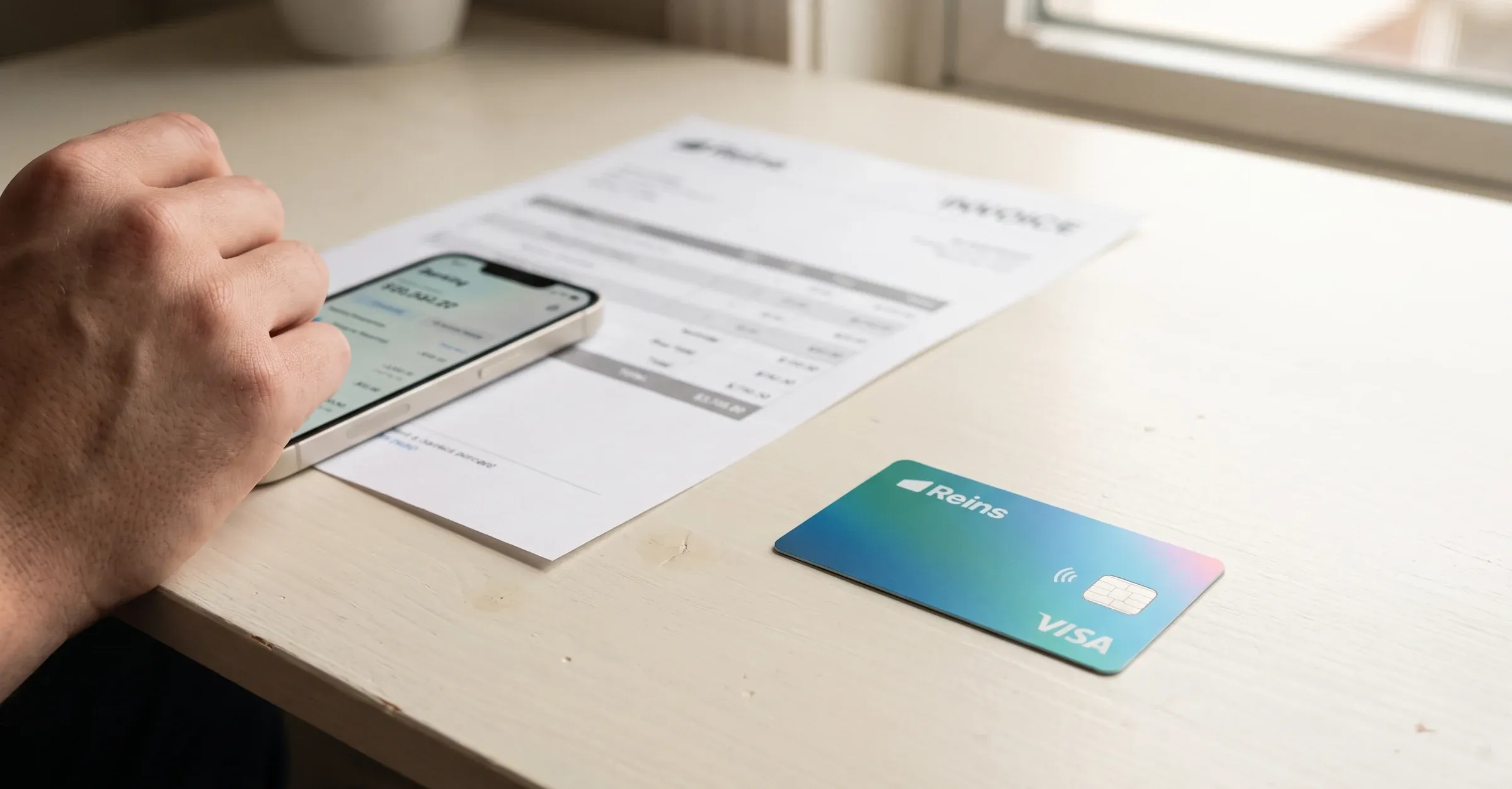 A phone, an invoice and a Reins card on a table