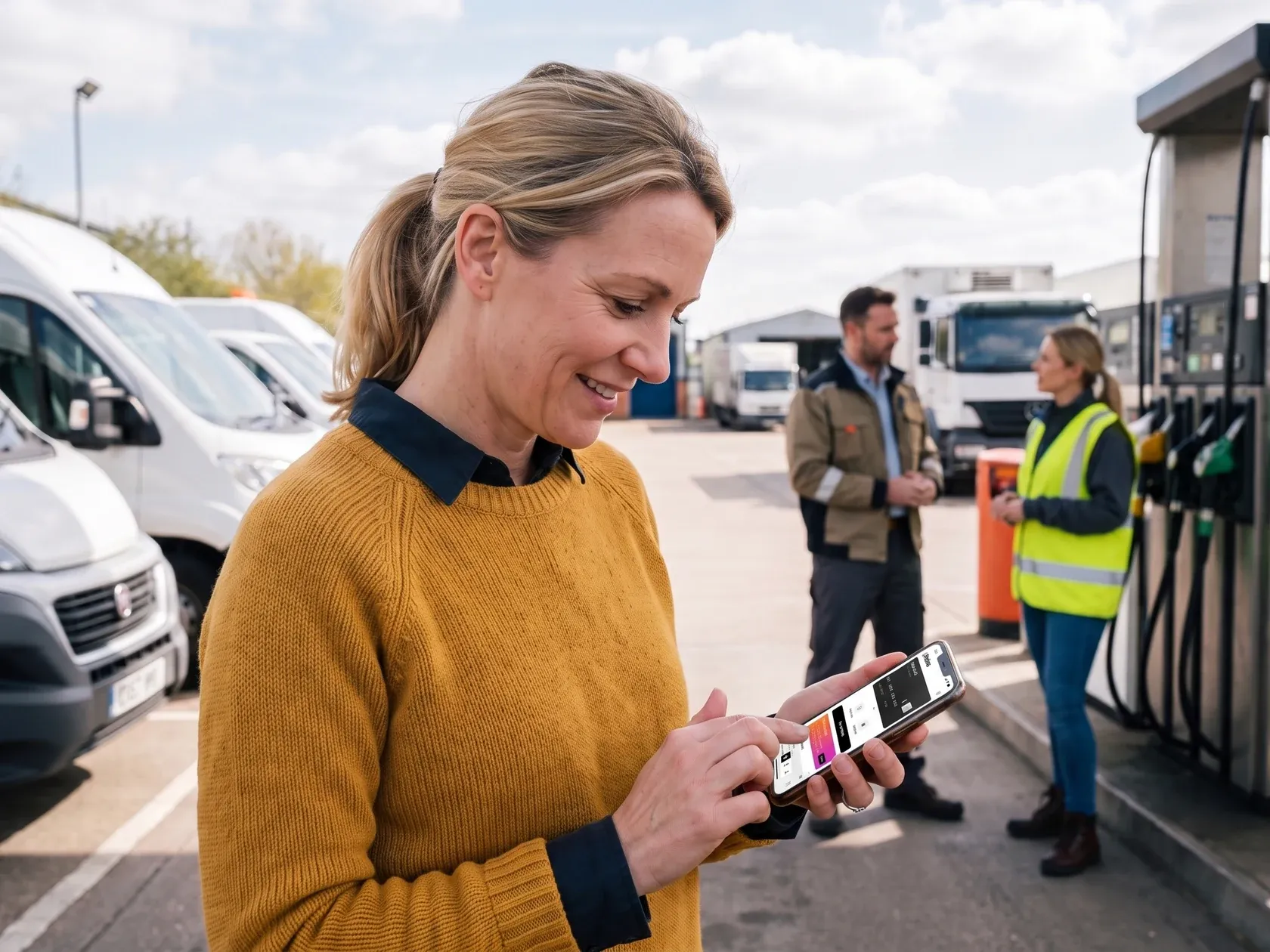 A business owner adjusting a spend limit on a phone while standing in the depot yard