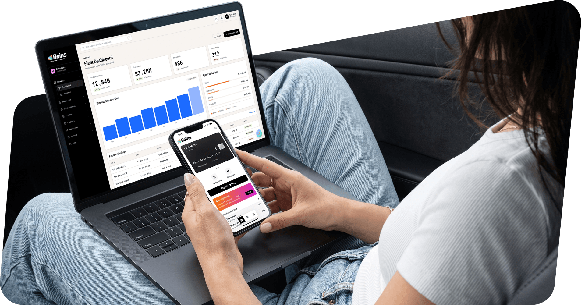 Fuel retailer reviewing the Reins dashboard on a laptop and phone
