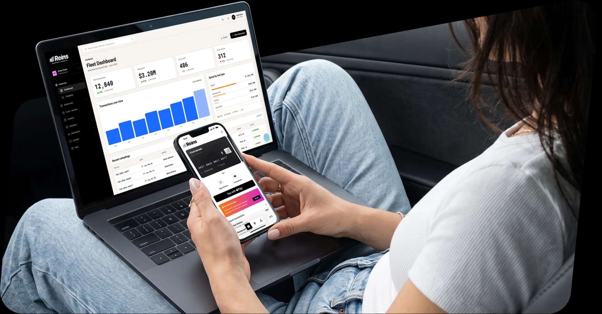 Fuel retailer reviewing the Reins dashboard on a laptop and phone