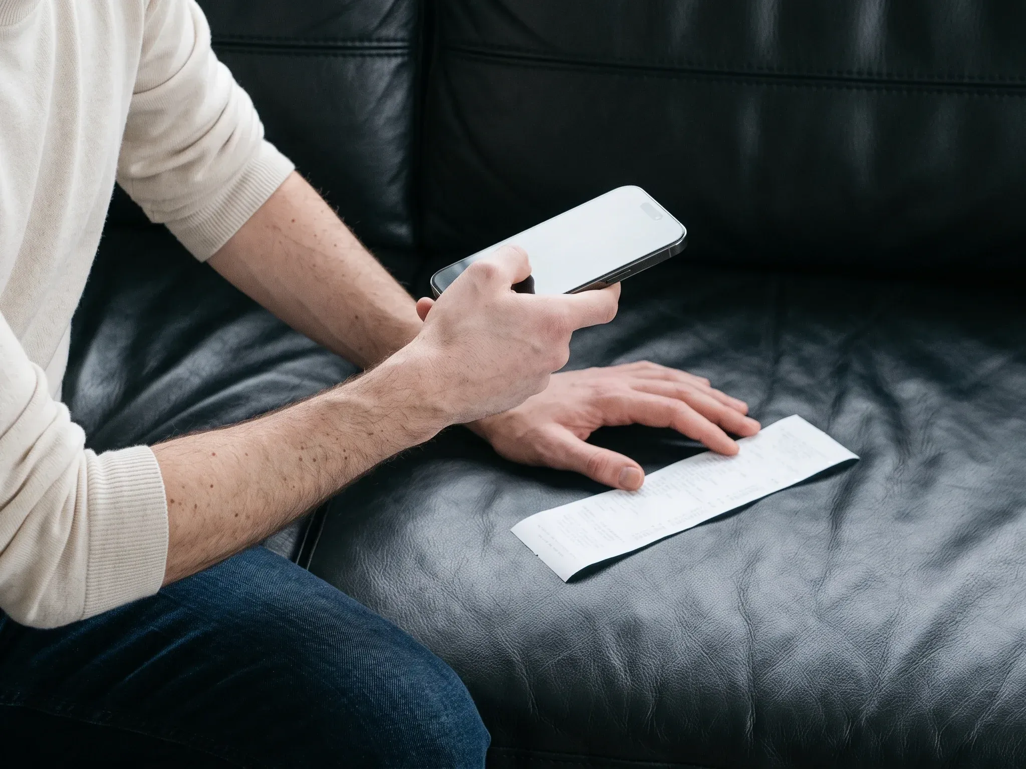 A man on a sofa takes a photo of a receipt with his phone