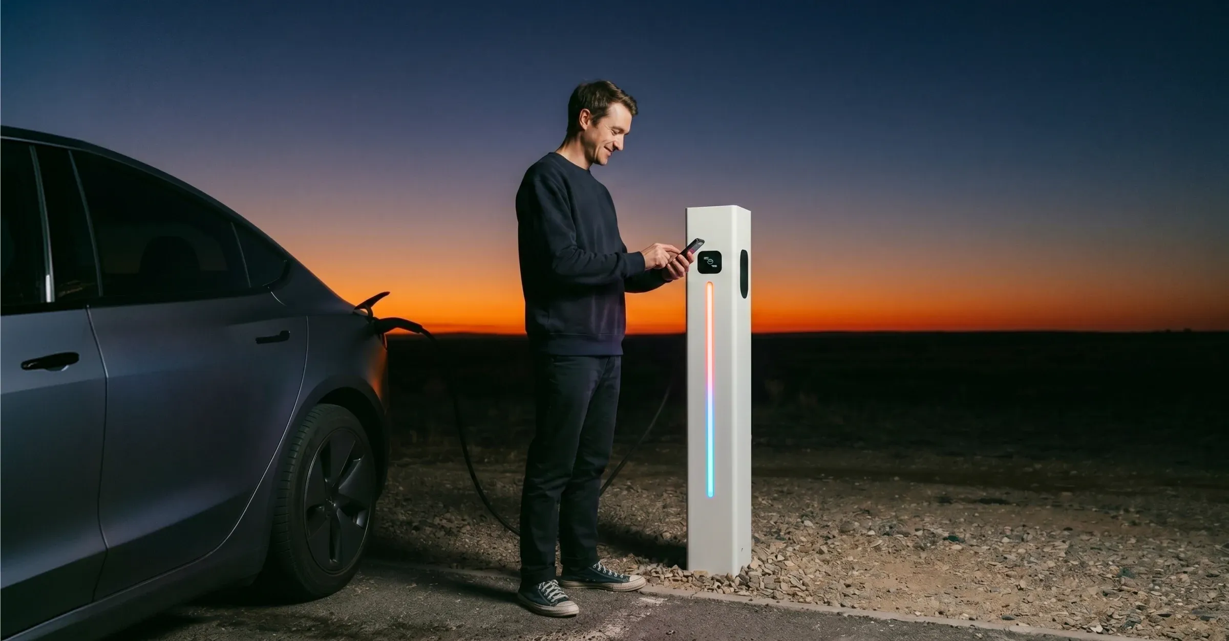 A man managing an EV charging session at dusk