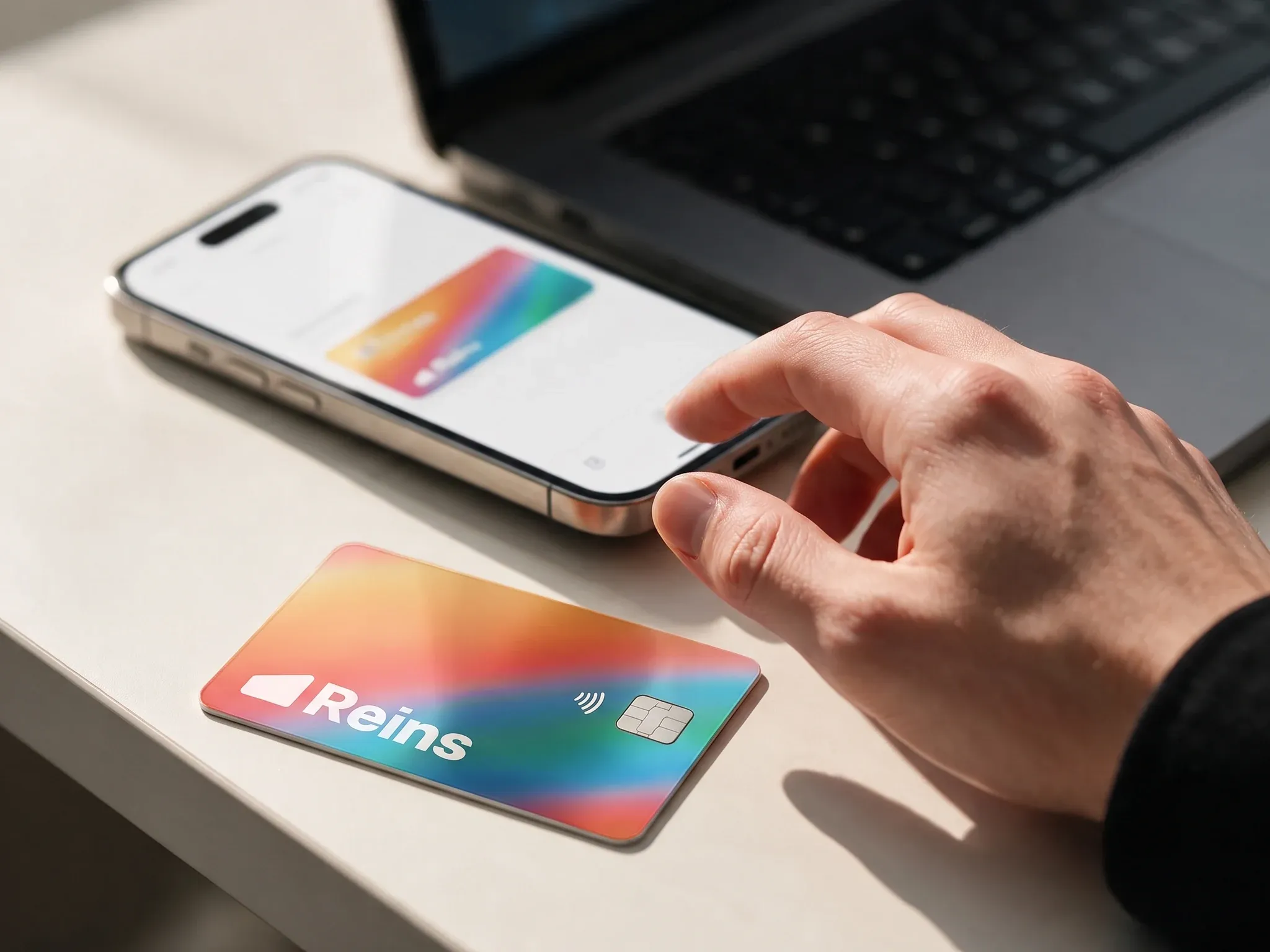 A hand on a phone showing an alert beside a laptop and a Reins card